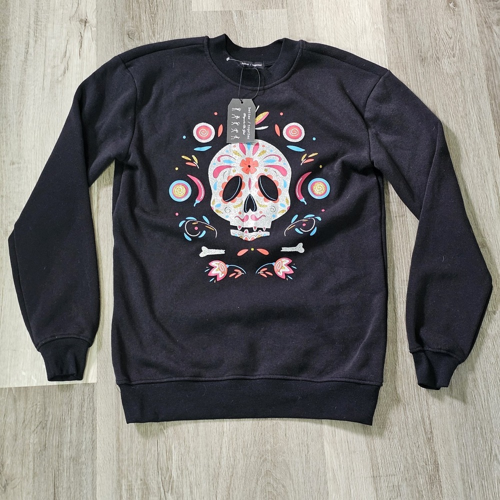 Better Together Glitter Skull Day Of The Dead Crew Sweatshirt XS Womens Black